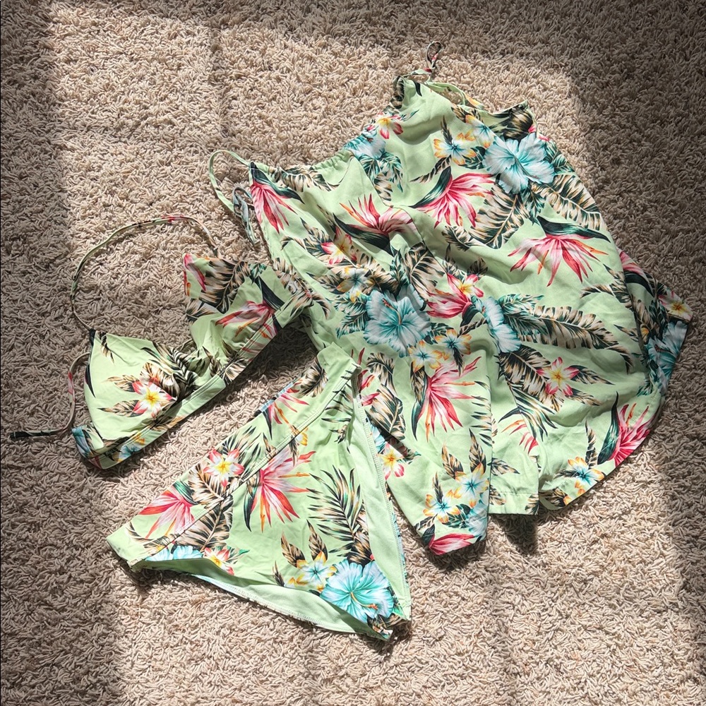 Tropical Mint Floral Bikini Set with Cover-Up